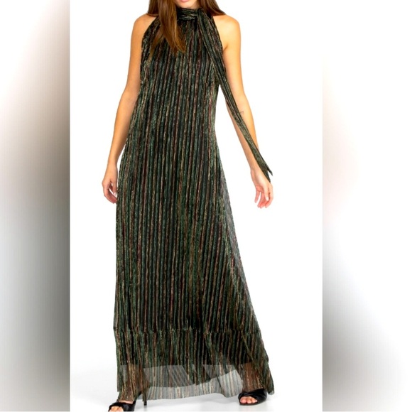 Johnny Was M EUC Metalic Green Halter Maxi Dress with scarf wrap iridescent. - Picture 1 of 14